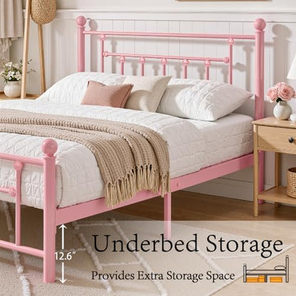 VECELO Full Size Metal Platform Bed Frame with Headboard and Footboard, Heavy Duty Slat Support/No Box Spring Needed Mattress Foundation/Underbed Storage Space, Victorian Style