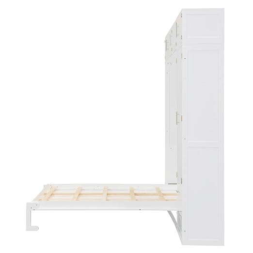 Murphy Bed Queen Size,Murphy Bed with Top Cabinet and Shelves,Space-Saving Multifunctional Hideaway Wall Foldable Bed w/Slat Support,Bedroom Folding Bedframe for Guest Room,White