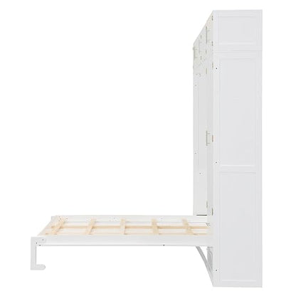 Murphy Bed Queen Size,Murphy Bed with Top Cabinet and Shelves,Space-Saving Multifunctional Hideaway Wall Foldable Bed w/Slat Support,Bedroom Folding Bedframe for Guest Room,White