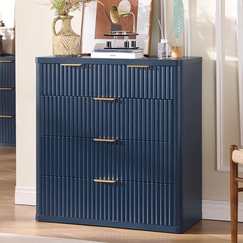 LEYAOYAO Fluted 5 Drawers Dresser for Bedroom Set of 2, 34" Tall Modern Chest of Drawers with Metal Handle, Curved Profile Design,Navy Blue Wood Drawer Organizer for Bedroom, Living Room, Hallway