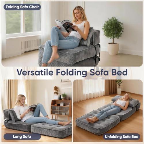 2 in 1 Folding Sofa Bed, Convertible Single Sleeper Chair with Back Support & Pillow, Multifunctional Fold Out Chair Bed for Small Space Living Room Bedroom Guest Office (Grey)