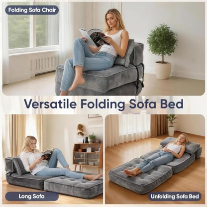 2 in 1 Folding Sofa Bed, Convertible Single Sleeper Chair with Back Support & Pillow, Multifunctional Fold Out Chair Bed for Small Space Living Room Bedroom Guest Office (Grey)