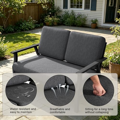 Pia Ricoo Outdoor Premium Teak Wood Loveseat with Armrests, All‑Weather Outdoor Furniture for Backyard, Deck, Lawn, Dark/Dark