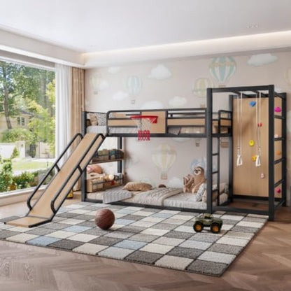 Twin Over Twin Metal Bunk Bed with Slide and Storage for Kids, Yellow