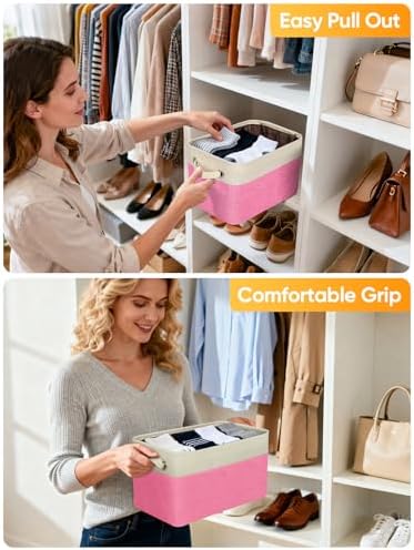 BALEINE 3 Pack Fabric Closet Storage Bins for Shelves, Linen Closet Organizers and Storage, Decorative Baskets for Organizing, Shelf, Clothes, Home, Office (Pink, 12"x8"x8")