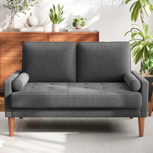 48" Loveseat Sofa, Small Corduroy Couch with Solid Wood Legs, Grey