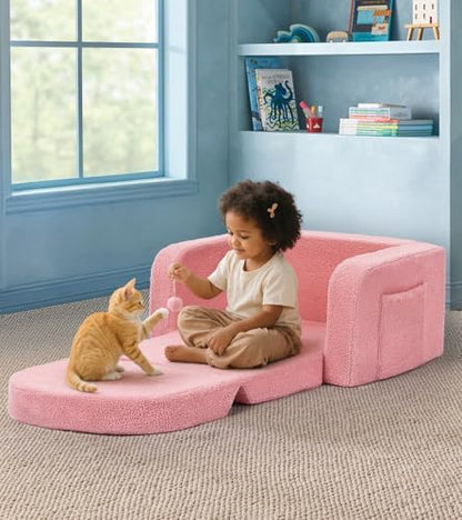 Kids Couch, 2-in-1 Soft Toddler Couch Fold Out with Blanket, Comfy Toddler Chair, Convertible Sofa, Gifts for Kids Girl Boys, Medium Pink Rainbow