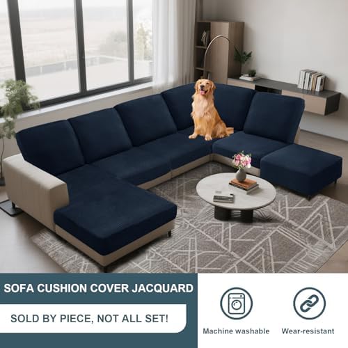 UNBBRRL Seat Cushion Cover and Back Covers for Corner Sofa Stretch Jacquard, Non Slip L Shaped Sofa Slipcover with Storage Ottoman, Sectional Couch Cover for Chaise Lounge (Navy Blue,24 x 24 x 6”)