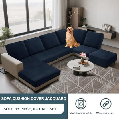 Seat Cushion Cover and Back Covers for Corner Sofa Stretch Jacquard, Non Slip L Shaped Sofa Slipcover with Storage Ottoman, Sectional Couch Cover for Chaise Lounge (Navy blue,Ottoman 29 x 29 x 18”)