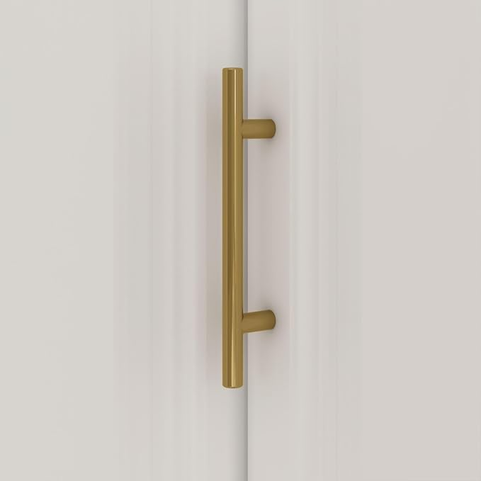 MOUMON L-Shaped 4 Door Wardrobe Closet with Shelves, Armoire Wardrobe Closet with Hanging Rod, Top Cube Storage, White and Gold 35.4”W x 35.4”D x 94.7”H
