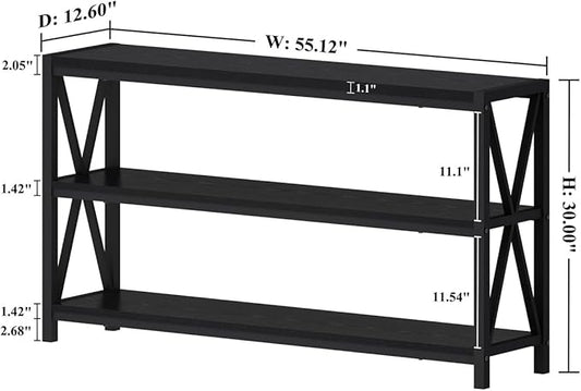 FATORRI Console Table for Entryway, Long Sofa Table with Shelves Under Window, Wood and Metal Hallway Tables for Foyer (55 Inch, Black)