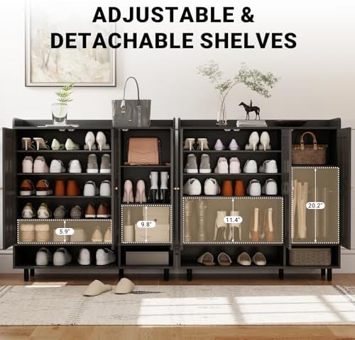 Shoe Cabinet with 3 Doors and Adjustable Shelves, Large Shoe Storage Cabinet for 24–30 Pairs, Modern Farmhouse Shoe Organizer with Open Bottom Shelf for Entryway, Living Room, Black