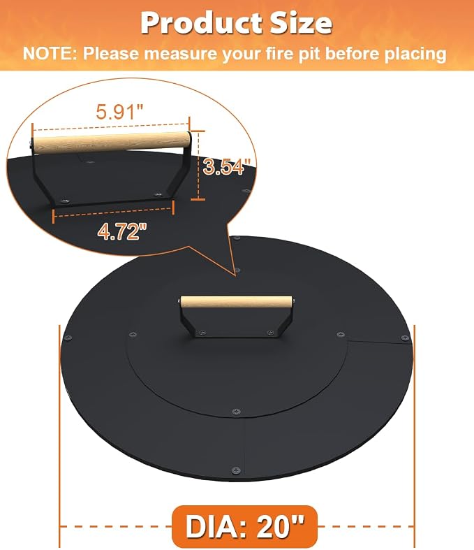 20" Wooden-Handle Fire Pit Lid for Pits up to 18", Round Metal Bonfire Pit Burner Pan Cover, Smokeless Fire Pit Cover for Fire Tables, All-Weather Resistance Outdoor Firepit Accessory