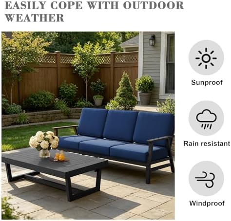 Pia Ricoo Outdoor Premium Teak Wood Couch with Armrests & Table, All‑Weather Outdoor Furniture for Backyard, Deck, Lawn, Navy/Dark