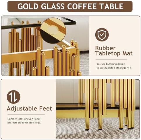 51" Luxury Glass Coffee Table Set of 4, Modern Console Table with 2 End Tables, Clear Tempered Glass Top & Golden Stainless Steel Leg, 4-Piece Living Room Table Set for Apartment Home Decor