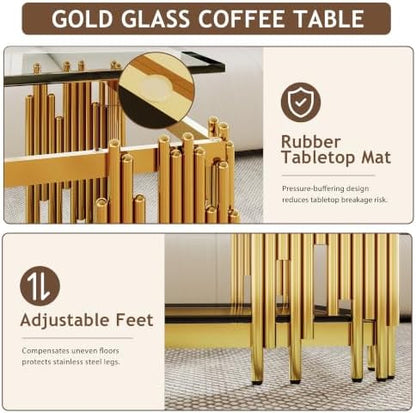 51" Luxury Glass Coffee Table Set of 4, Modern Console Table with 2 End Tables, Clear Tempered Glass Top & Golden Stainless Steel Leg, 4-Piece Living Room Table Set for Apartment Home Decor