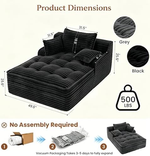 67'' Chaise Lounge Chair Indoor, Oversized Corduroy Upholstered Boneless Sofa Bed, Sleeper Couch Reading Chairs with 3 Pillows, Cloud Sofas Couches for Living Room, No Assembly Required (Black)