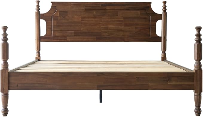 Solid Wood Queen Size Platform Bed Frame with Headboard & Footboard, Central Metal Legs, 12 Durable Slats Base, Anti-Slip & Noise-Free, Easy Assembly, No Box Spring Needed, Walnut Finish, ROQ-37