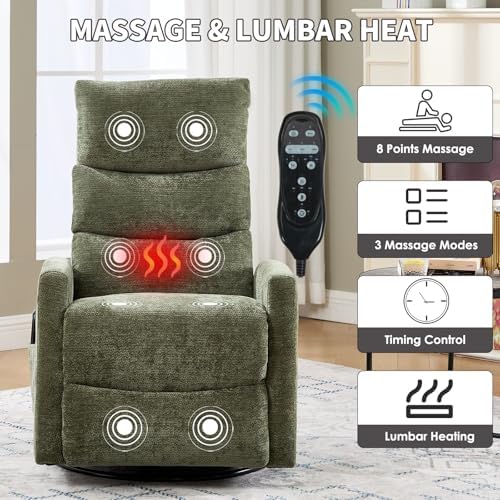 Trustyue Swivel Rocker Recliner Chair, 360° Swivel Recliner with Heat and Massage, Rocker Recliner Nursery Glider Chair with Side Pockets for Living Room (Green1, Fabric)