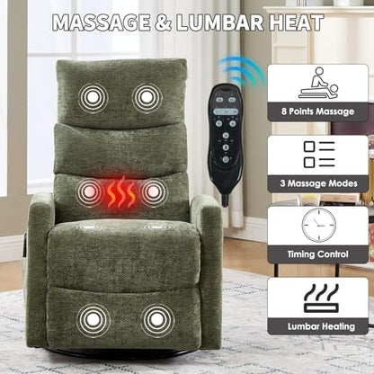Trustyue Swivel Rocker Recliner Chair, 360° Swivel Recliner with Heat and Massage, Rocker Recliner Nursery Glider Chair with Side Pockets for Living Room (Green1, Fabric)