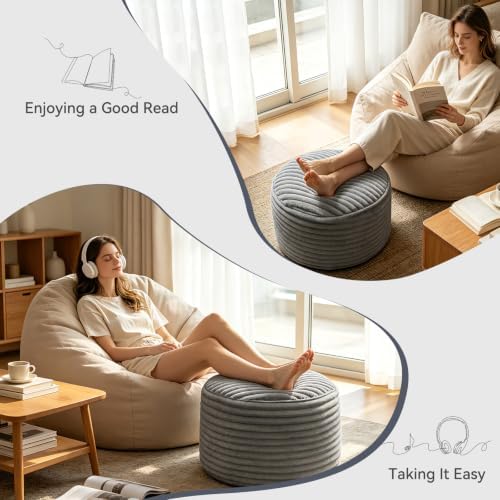 Corduroy Round Pouf Ottoman Foot Rest 20x15 Foam Filled Stool Gray