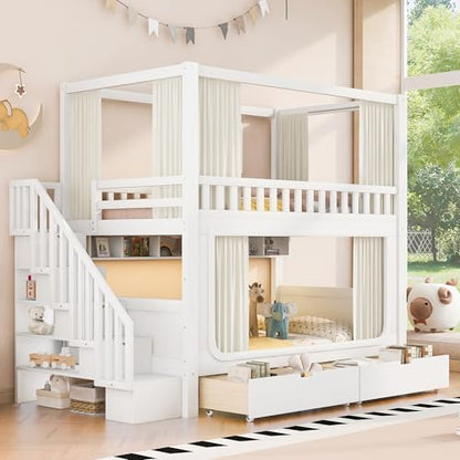 Full Over Full Bunk Bed with Privacy Curtains, Under Bed LED Lighting, Storage Stairs, and Built-in Compartments (White-4, Full)