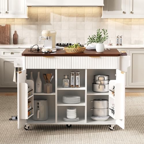 Merax Farmhouse 52 inch Kitchen Island on Wheels with Drop Leaf Table, Power Outlet, Wood Kitchen Rolling Cart with Faux Marble Top & 2 Doors & 2 Drawers, White