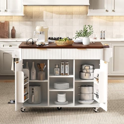 Merax Farmhouse 52 inch Kitchen Island on Wheels with Drop Leaf Table, Power Outlet, Wood Kitchen Rolling Cart with Faux Marble Top & 2 Doors & 2 Drawers, White