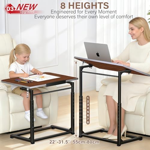 Extra Large TV Tray Table Set of 2, Heavy Duty C-Shaped Laptop Desk with 8-Level Height & 90° Tilt, Folding Overbed End Table for Couch and Bed, Walnut Finish with Phone/Tablet Slot for Small Spaces