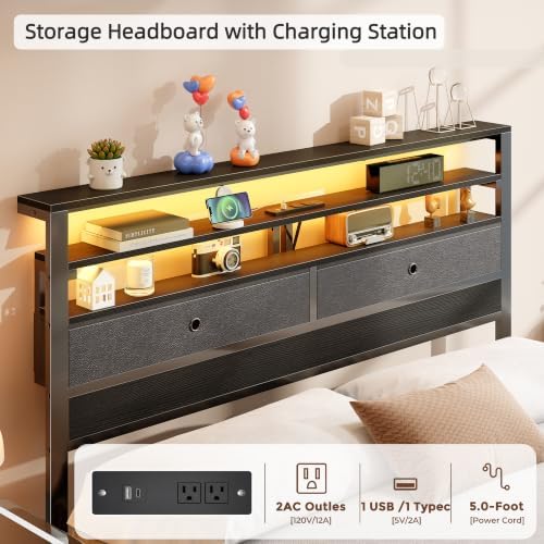 Queen Bed Frame with Storage Headboard and 4 Drawers, LED Lights