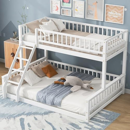 DNYN Twin XL Over Queen Bunk Bed for Kids Bedroom,Solid Wood Convertible Bedframe w/Ladder & Safety Guardrails,Can be Separated & Easy Assembly & Super Save Space & No Box Spring Needed, White