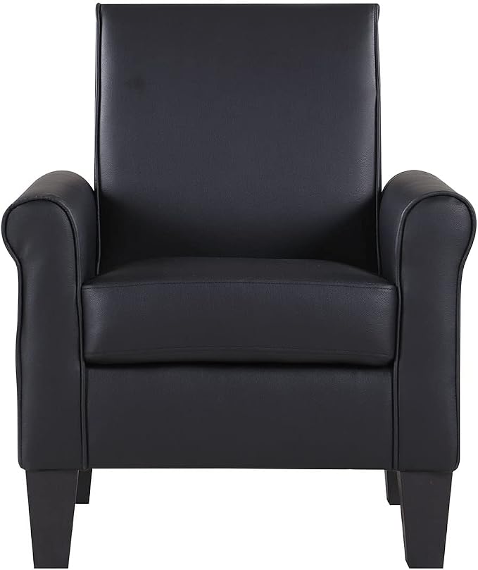 Faux Leather Accent Chair Set of 2, Mid Century Modern Living Room Chair, Upholstered Comfortable PU Leather Armchair for Bedroom, Office or Waiting Areas-Black