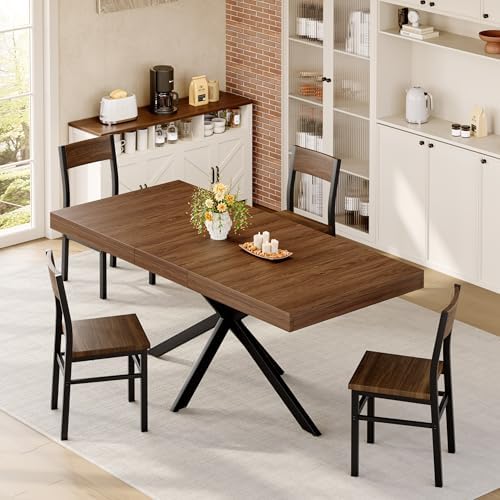 Extendable Dining Room Table for 4-6-8, Large 55''-70.9'' Wood Rectangle Expandable Dining Table with Hidden Storage, Space Saving Farmhouse Kitchen Table for Dining Room Kitchen Office,Walnut