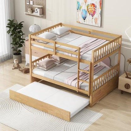 Harper & Bright Designs Convertible Wood Full-Over-Full Bunk Bed with Trundle and Ladder - Can Be Divided Into Two Platform Beds, White Oak