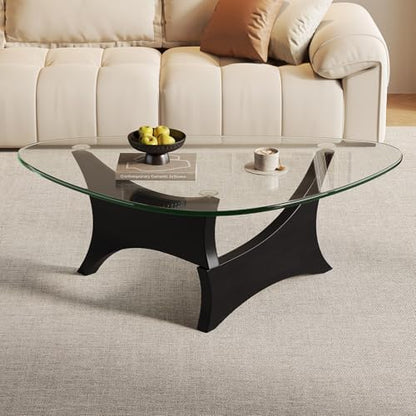 Modern Glass Coffee Table for Living Room, Mid Century Modern Triangle Coffee Table with Tempered Glass Top & Solid Wood Base, Small Center Table for Apartment（Black/Transparent，Large）