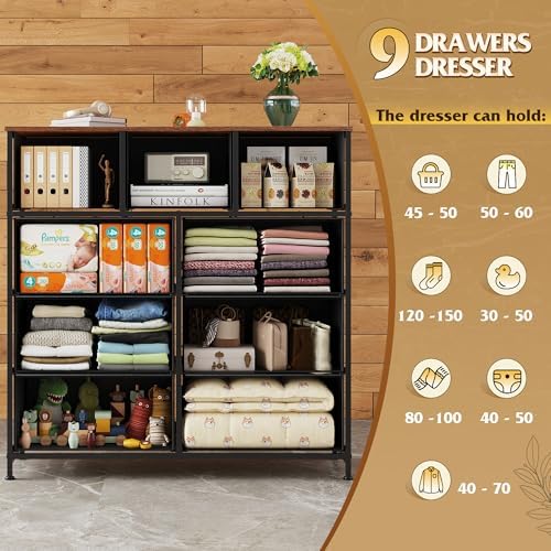 WLIVE Tall Dresser for Bedroom, 9 Drawer Dresser, Black and Rustic Brown