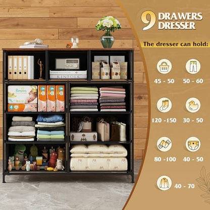 WLIVE Tall Dresser for Bedroom, 9 Drawer Dresser, Black and Rustic Brown