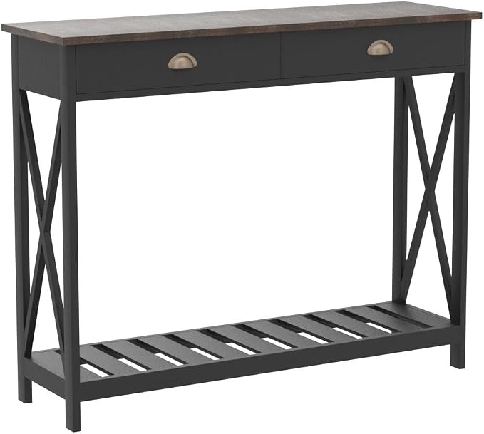 ChooChoo Farmhouse Console Table with Drawer for Entryway, Narrow Long Entry Table with Shelf for Living Room, Rustic Vintage Hallway Sofa Table with Stable X Supports, 40 Black