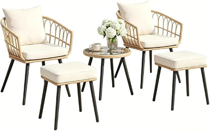 5 Piece Patio Furniture Set, Outdoor Wicker Small Conversation Bistro Set, All-Weather PE Rattan Chairs with Ottoman & Coffee Table, Ideal for Balcony Porch Deck Yard Poolside