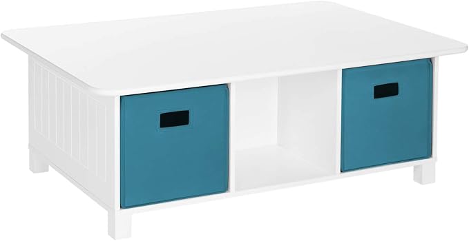 RiverRidge Kids 6 Cubby Storage 2pc Activity Table, White with Turquoise Bins