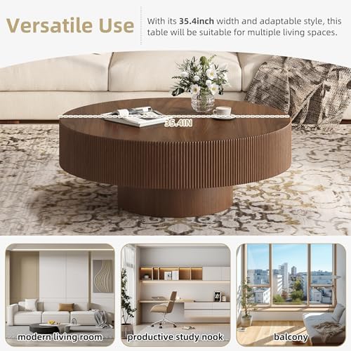 Merax Modern 35.4 Inch Round Large Coffee Table with Sturdy Base, Walnut