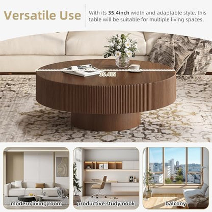 Merax Modern 35.4 Inch Round Large Coffee Table with Sturdy Base, Walnut