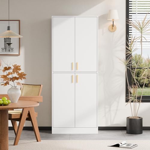 Cozy Castle Kitchen Pantry Cabinet, 71" Tall Wood Storage Cabinet with Doors and Shelves 4 Doors Freestanding Cupboard for Dining Room Living Room Furniture, White