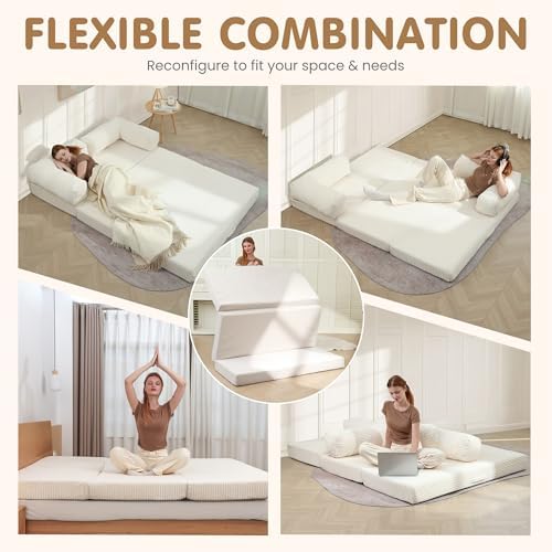 Convertible Sofa Bed Queen,5-in-1 Tri-Fold Boneless Couch with Removable Armrests & Handle,Corduroy Futon Sleeper Sofa,Floor Folding Mattress Pull Out Bed for Small Space Apartment Living Room Bedroom