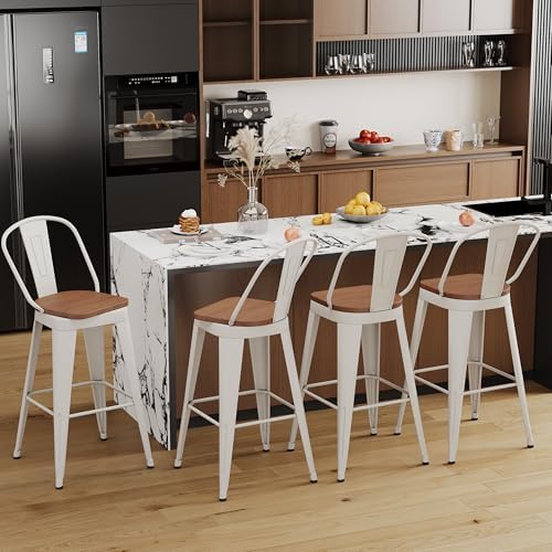 Aklaus Swivel Bar Stools 30 inch Swivel Metal Bar Height Barstools Set of 4 Modern Farmhouse Bar Chairs with High Backs and Large Wooden Seat for Dining Room Kitchen Island Cream White
