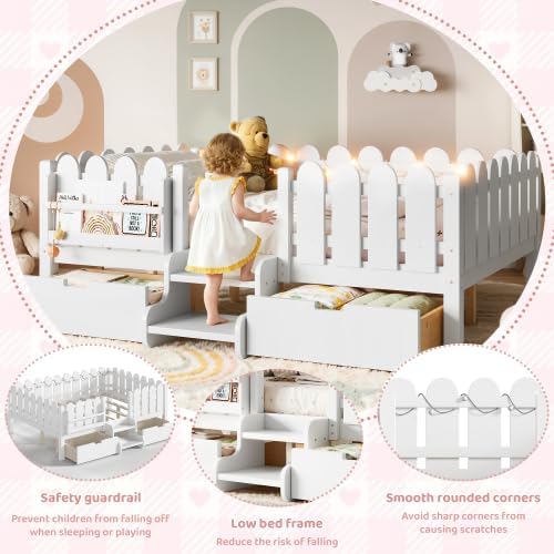 Bellemave Full Size Platform Bed with Storage Drawers & Bookshelf for Boys Girls, Kids Full Bed Frame with LED Lights & Stairs for Children's Room, White
