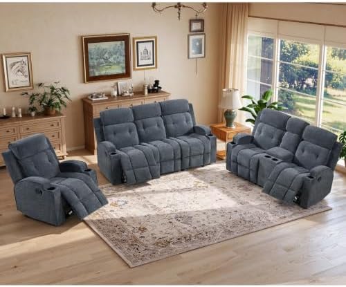 HAOMARKETS 3-Piece Manual Recliner Sofa Set, Included Recliner, Loveseat with Center Console and 3-Seater Couches, Overstuffed Reclining Couches with Cup Holders for Living Room, Dark Grey