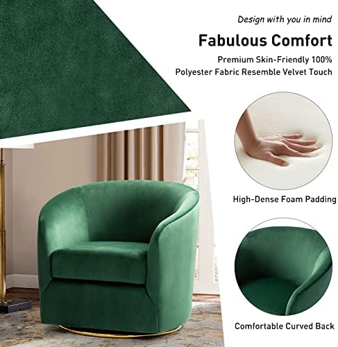HULALA HOME Swivel Accent Chair with Gold Metal Base, Contemporary Velvet Curved Swivel Barrel Chair, Upholstered Club Armchair, Leisure Single Sofa for Living Room, Nursery, Bedroom(Green)