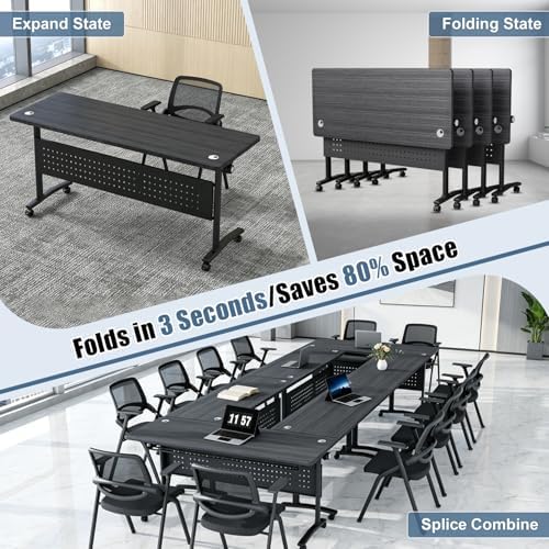 Folding Conference Room Tables with Wheels, Modular Conference Table Foldable Mobile Office Training Tables, Seminar Rolling Flip Top Nesting Meeting Table Space-saving for Classroom, Black 2Pack