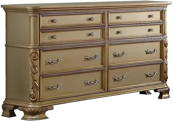 First of a Kind Miranda Gold Finish Traditional 4 Piece King Bedroom Set with Upholstered Tufted Headboard Ornate European Inspired Design Coordinated Furniture Collection